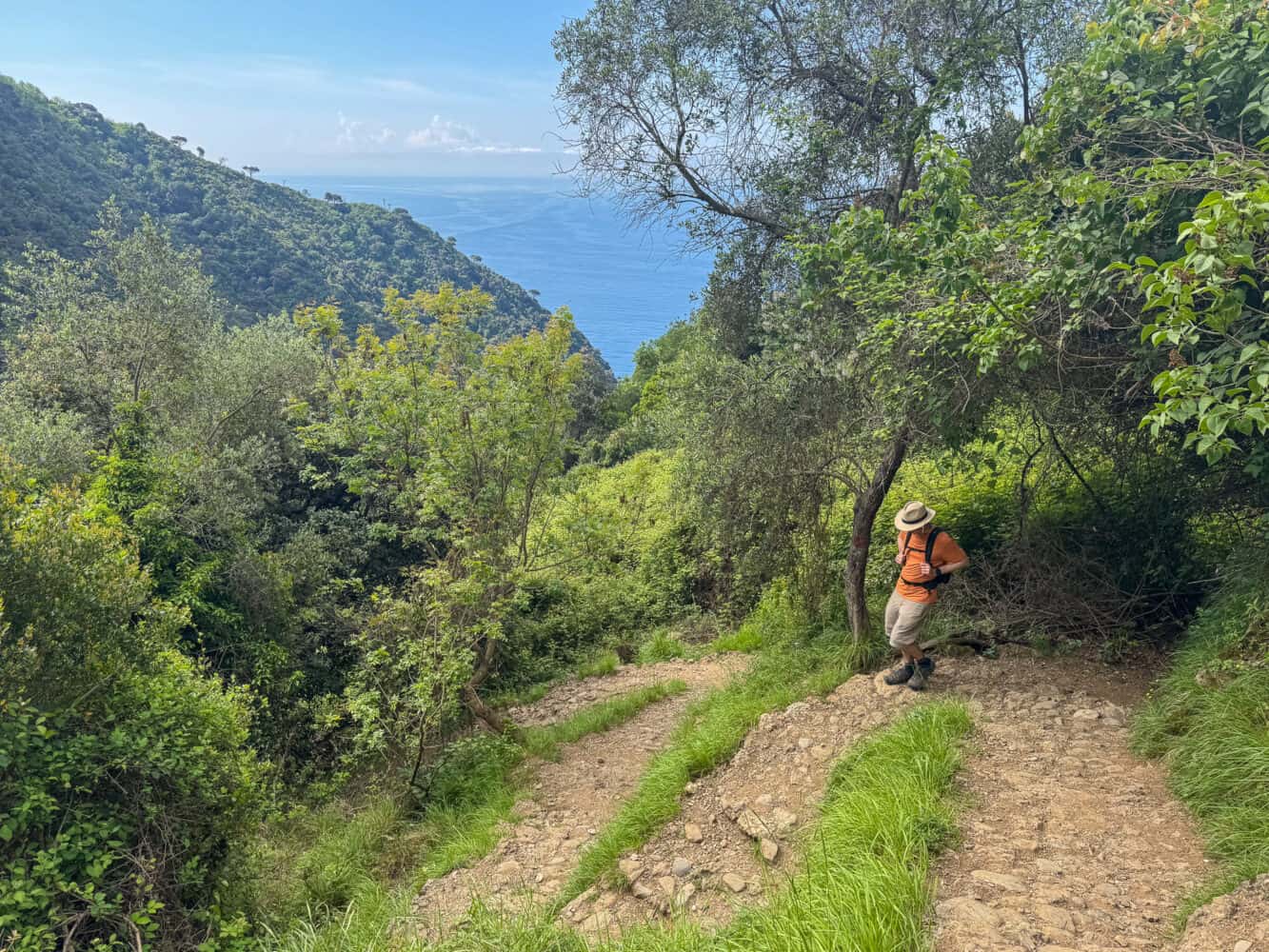 Switchbacks with sea views on the steep trail down to San Fruttuoso from San Rocco and Camogli. 