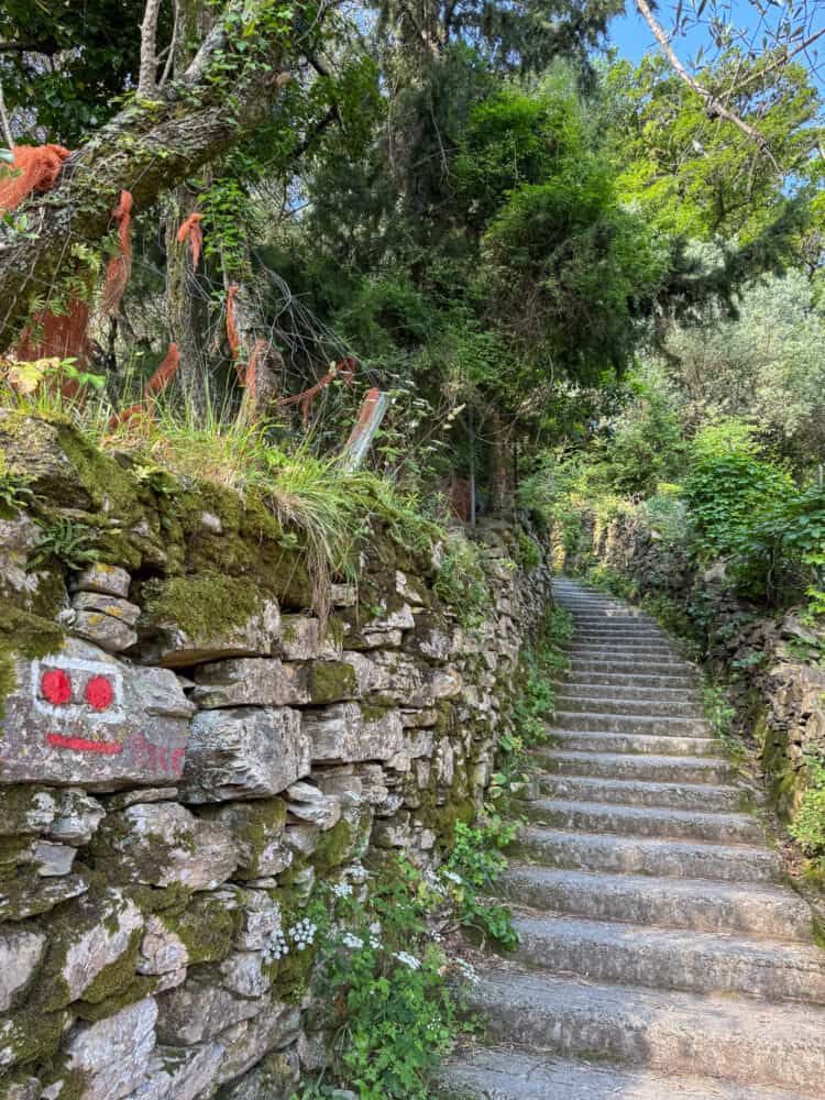 Trail markers on the staircase trail from Camogli to San Rocco in Liguria, Italy