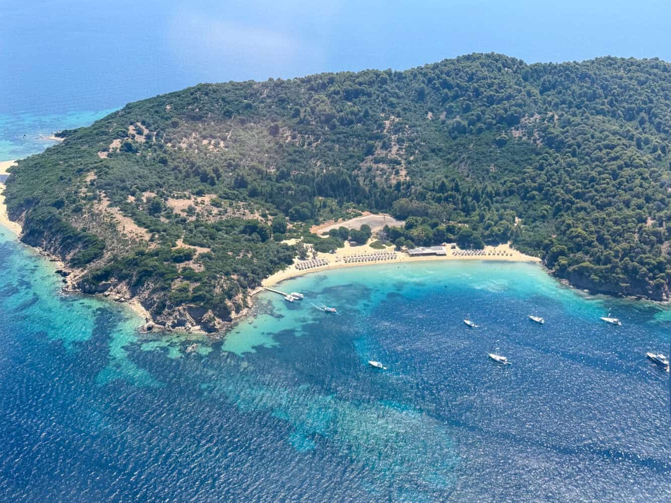 View of Tsougria Island flying into Skiathos, Greece.