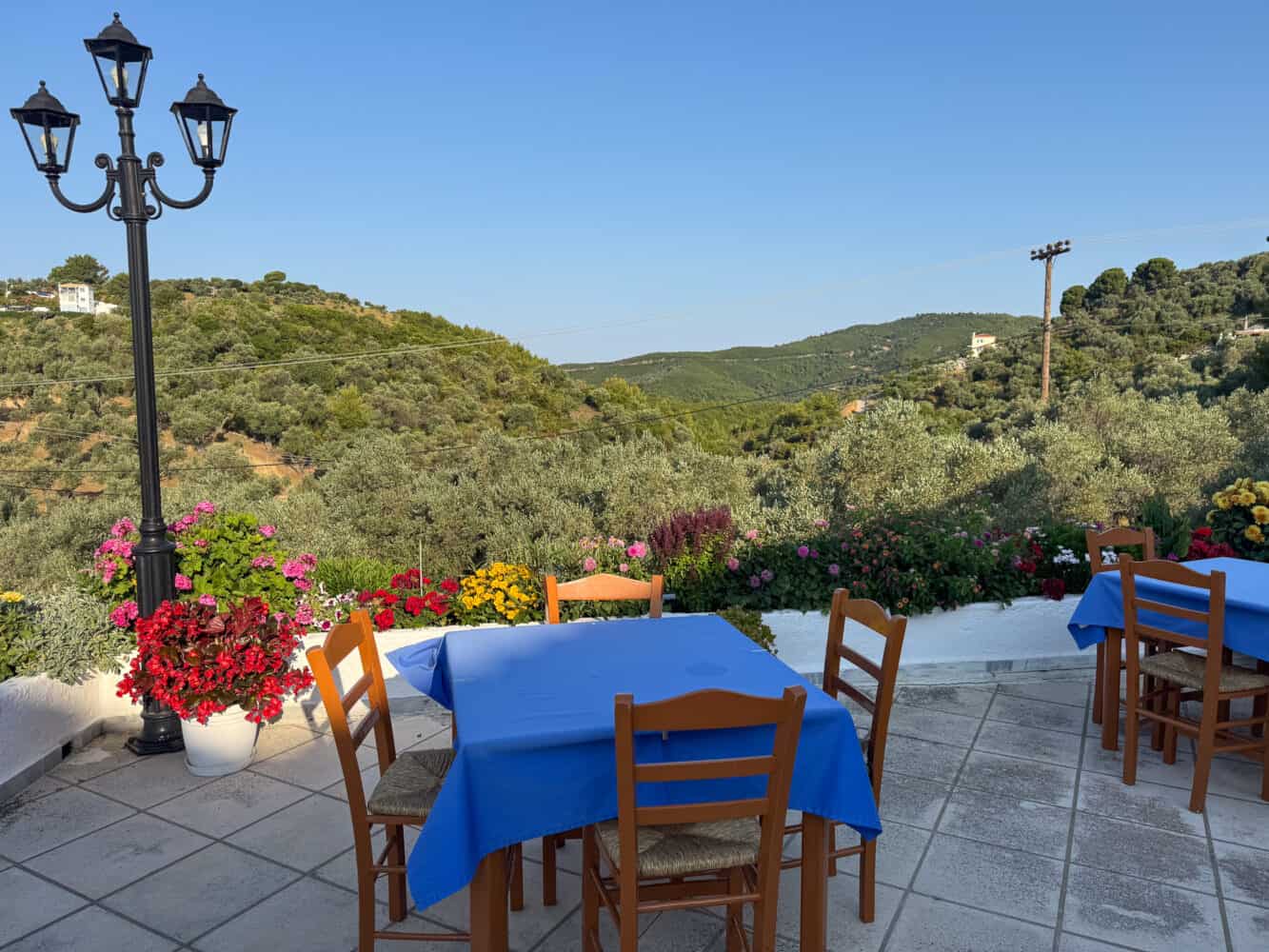 Breakfast tables at Hotel Paradise in Skiathos, Greece