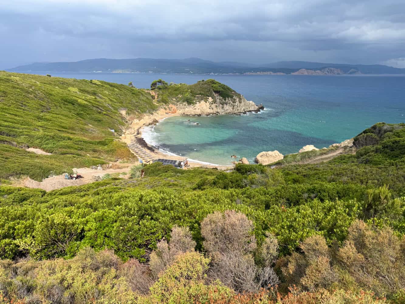 Krifi Ammos beach in Skiathos from above ona cloudy day.