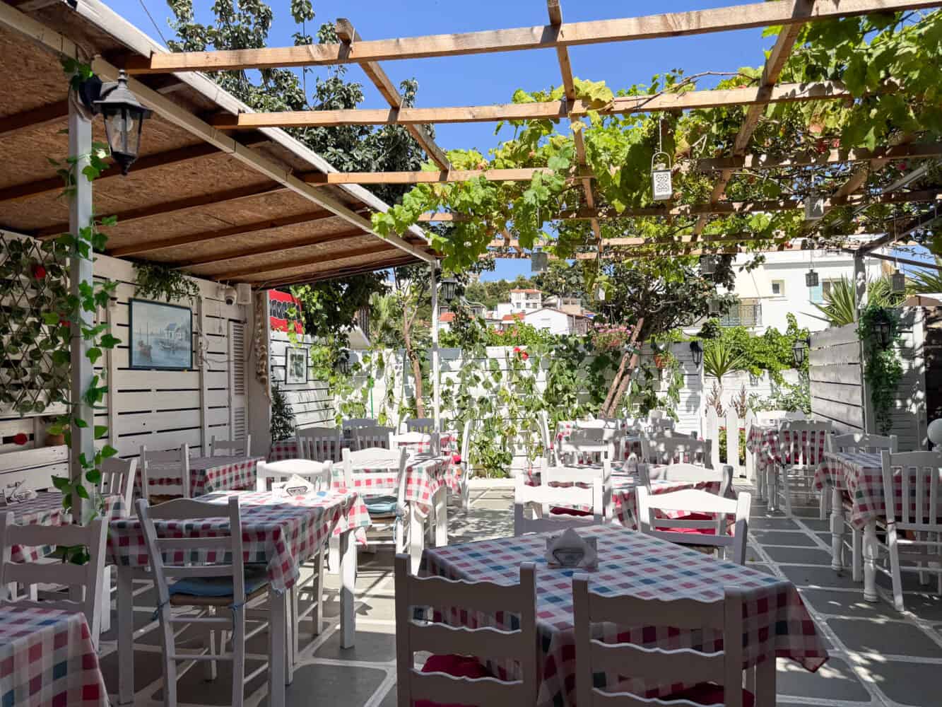 Garden dining area at I Love Souvlaki in Skiathos Town, Greece