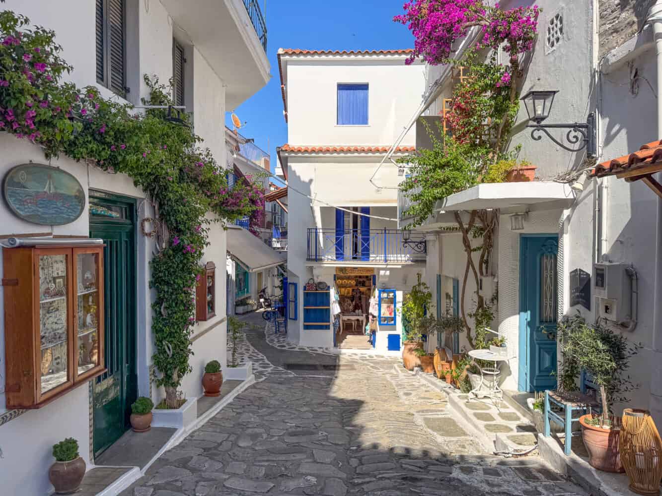 Cobbled street in Skiathos Town, Greece