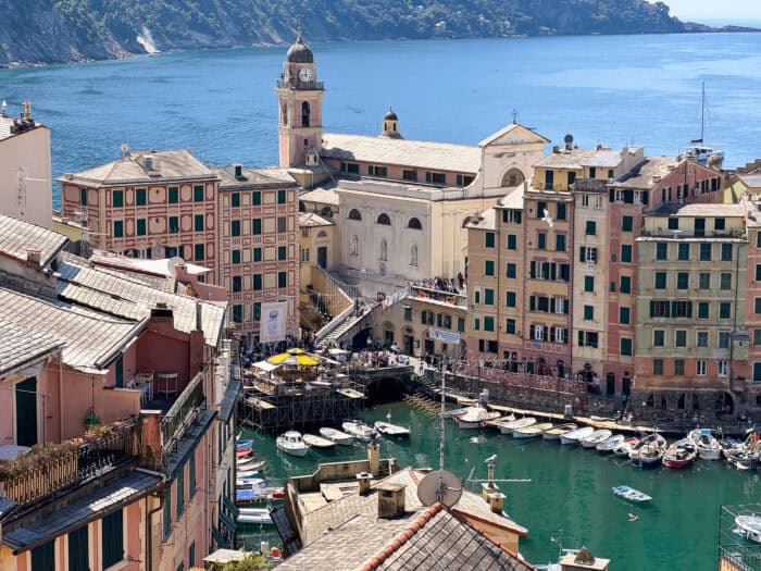Camogli harbour during the Camoglia Fish Festival (Sagra del Pesce) showing the giant frying pan (padella).
