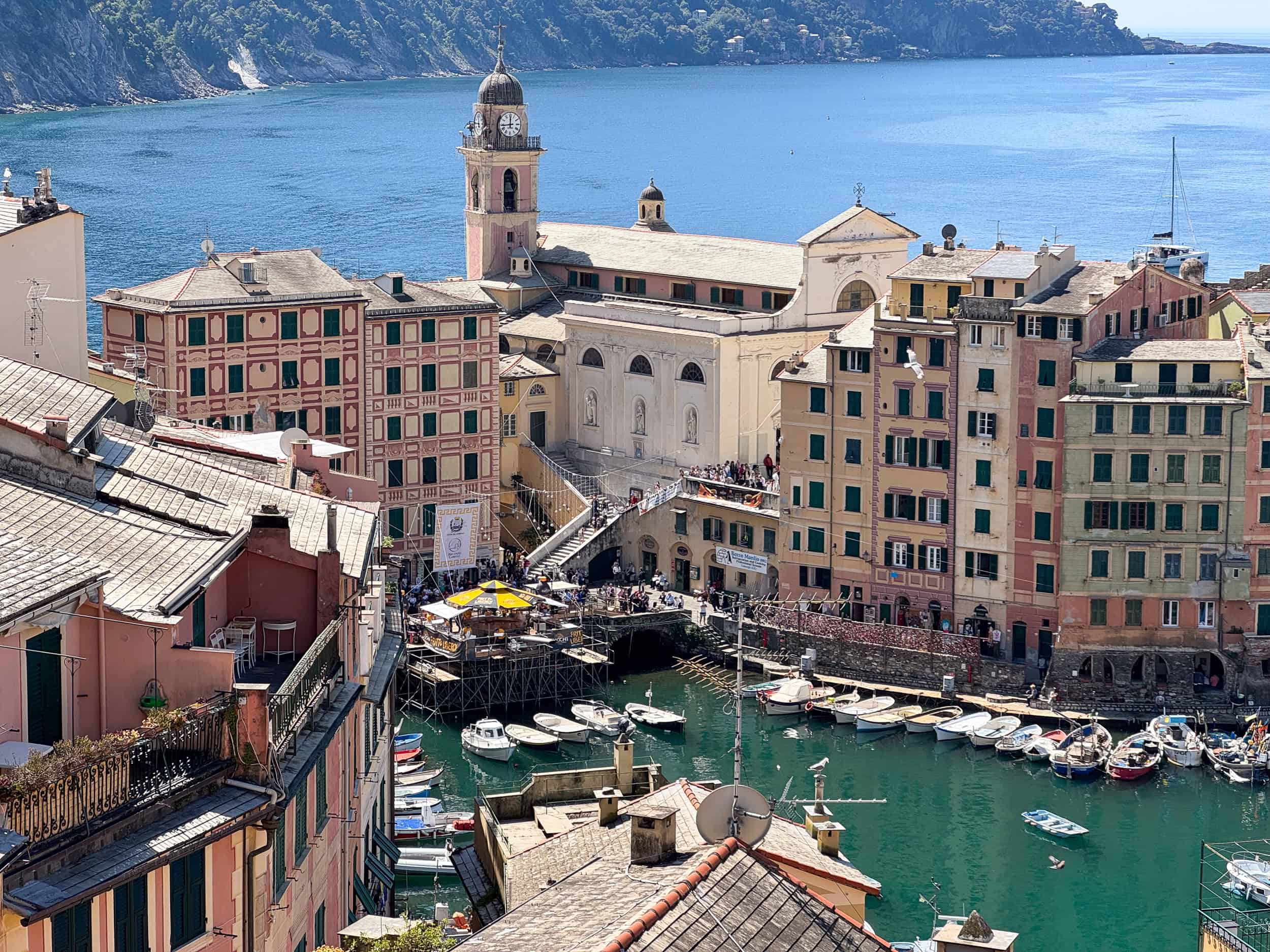 Camogli harbour during the Camoglia Fish Festival (Sagra del Pesce) showing the giant frying pan (padella).