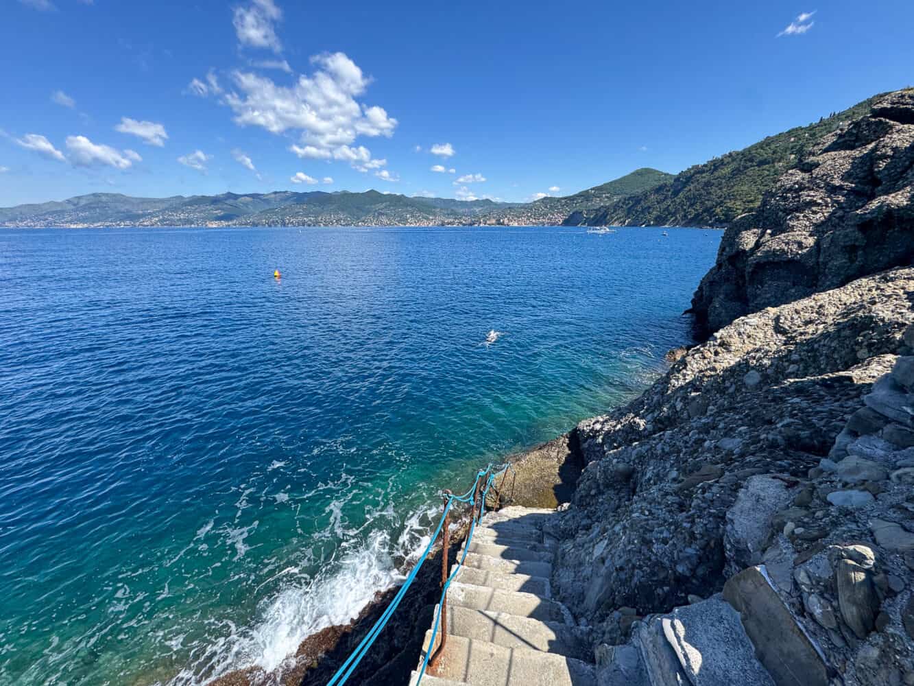 Swimming from the rocks at Punta Chiappa near Camogli, Italy
