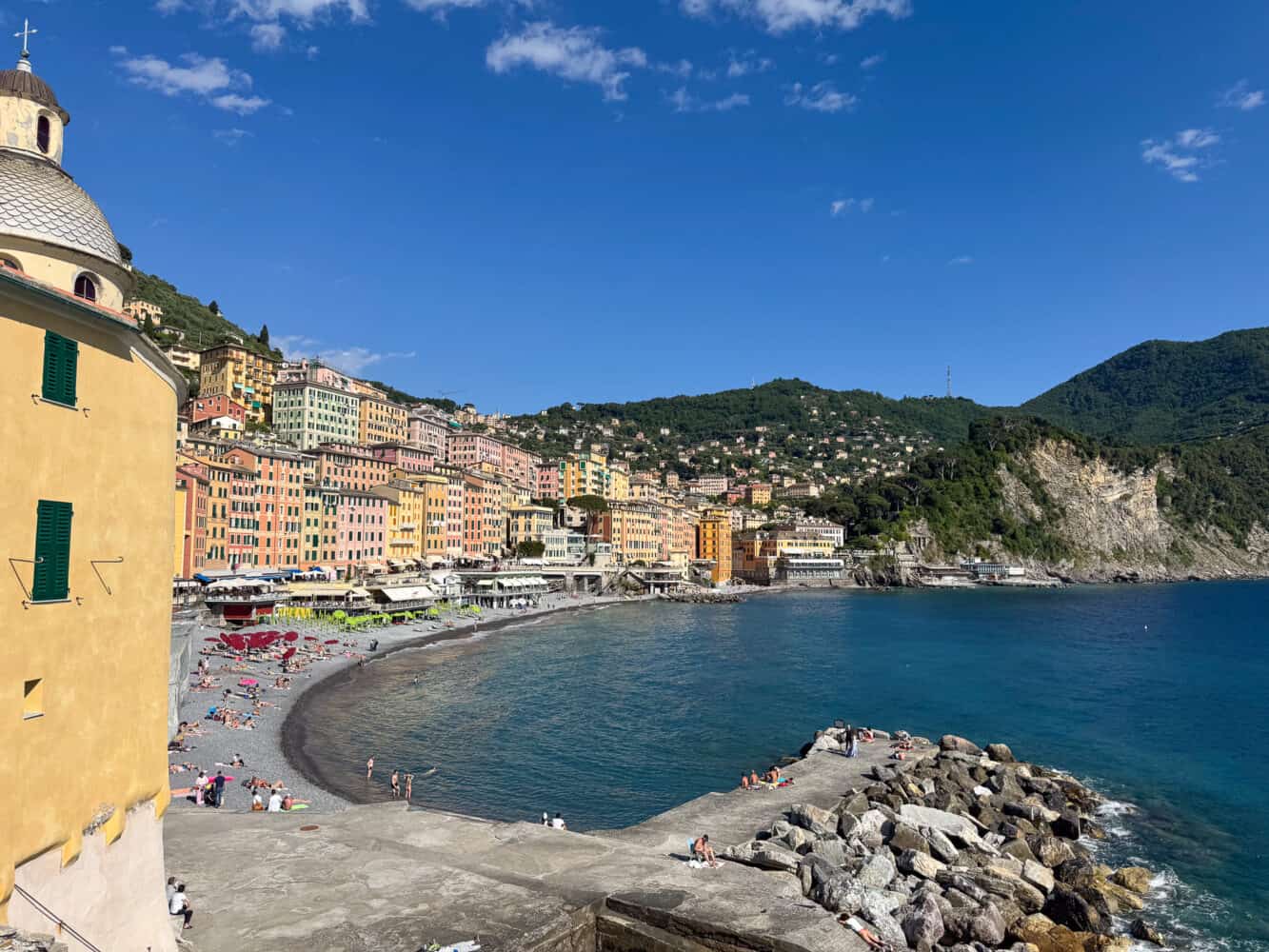 The view of Camogli Beach from Basilica di Santa Maria Assunta in Liguria, Italy.