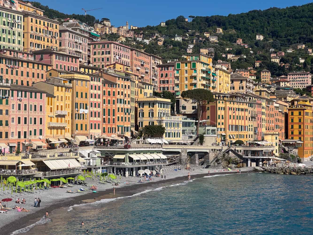 Beach and colourful houses in Camogli on the Italian Riviera