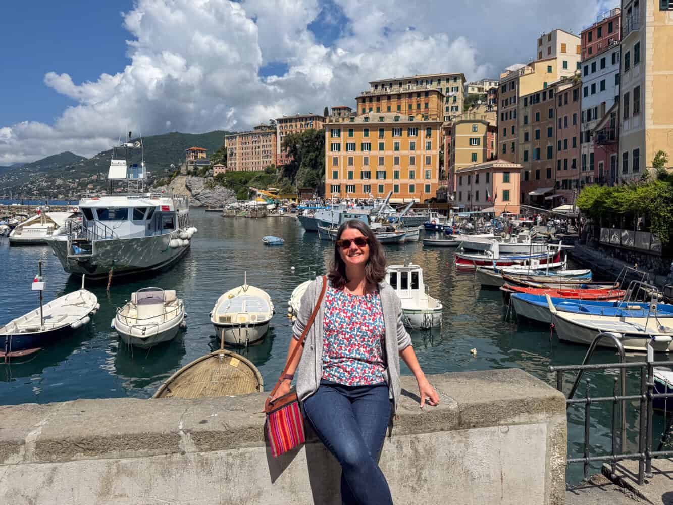 Erin at Camogli harbour, Italy