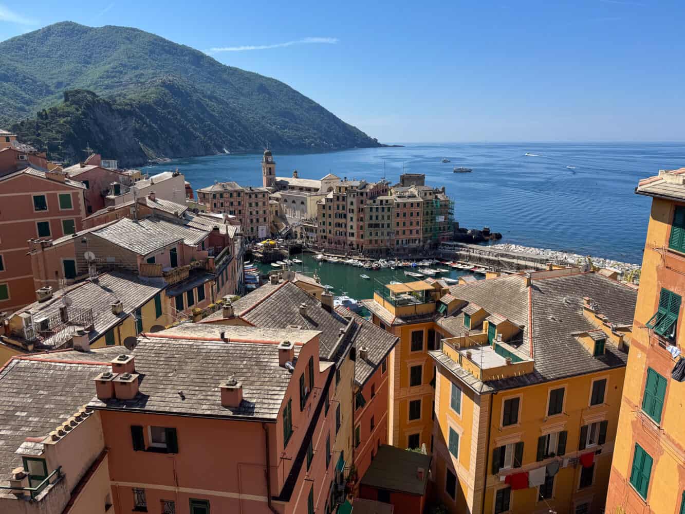 View of Camogli Harbour from the balcony of the A Due Passi Dal Cielo e Dal Mare apartment in Camogli, Italy.