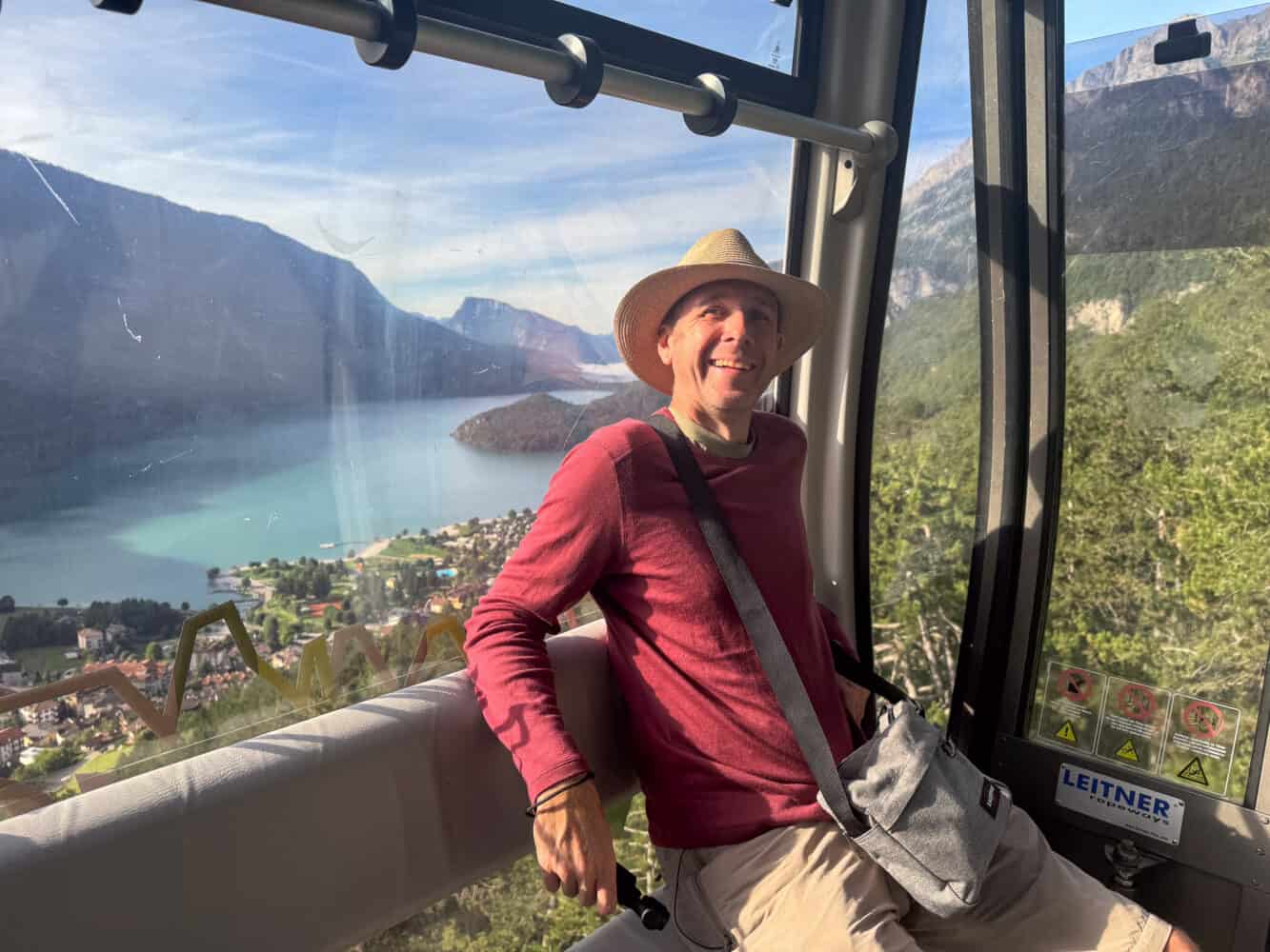 Simon in the cable car from Molveno to Pradel in Trentino, Italy.