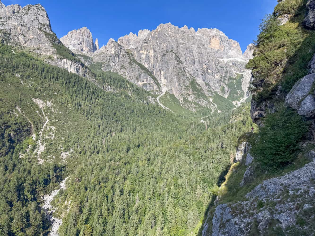 Forest and mountain view on the trail 340 from Pradel to Rifugio Croz dell'Altissimo in Brenta Dolomites, Italy.