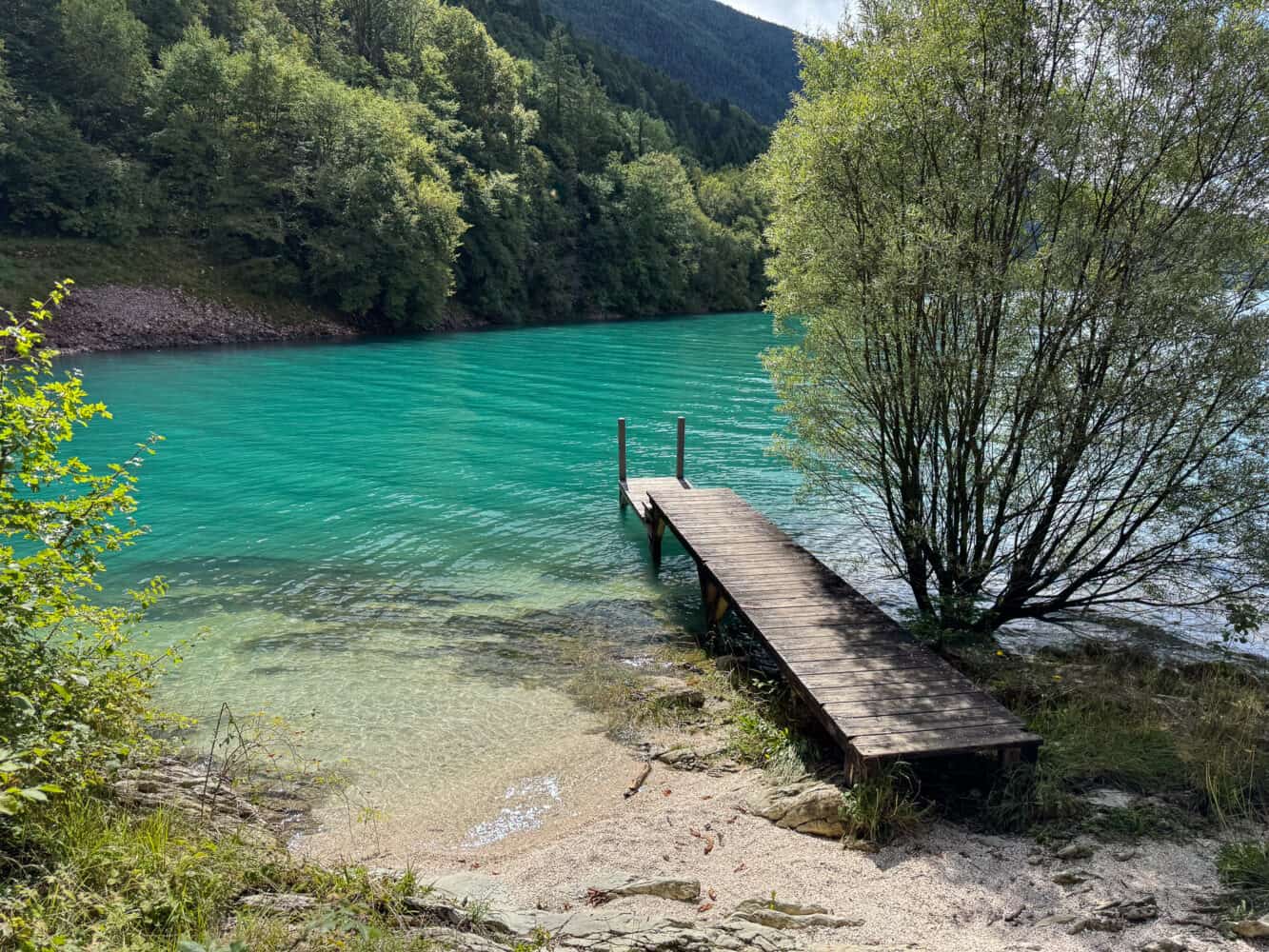 Private beach and dock at Grand Hotel Molveno in Molveno, Italy
