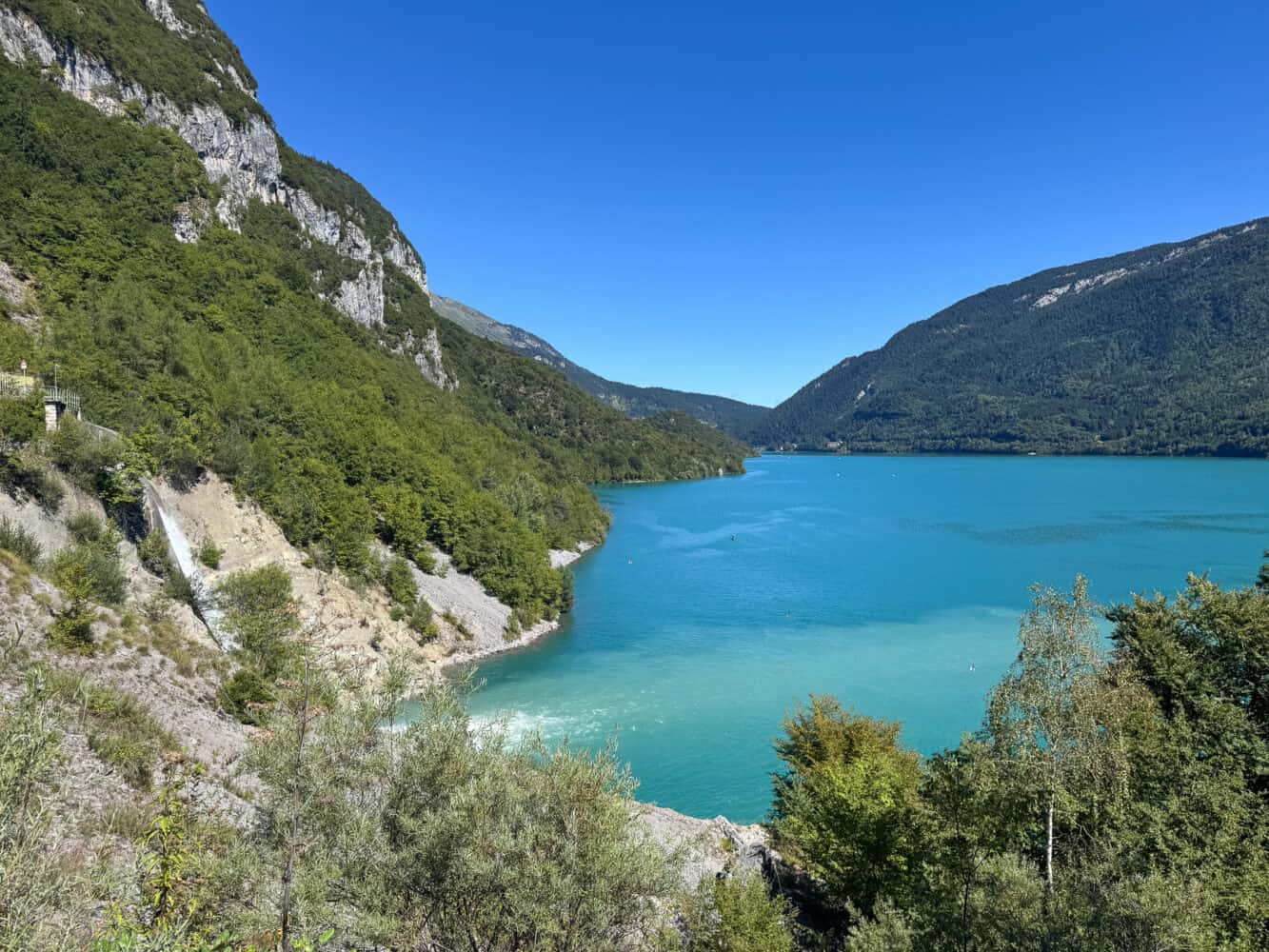 View from the hydropower waterfall on Lake Molveno, Italy