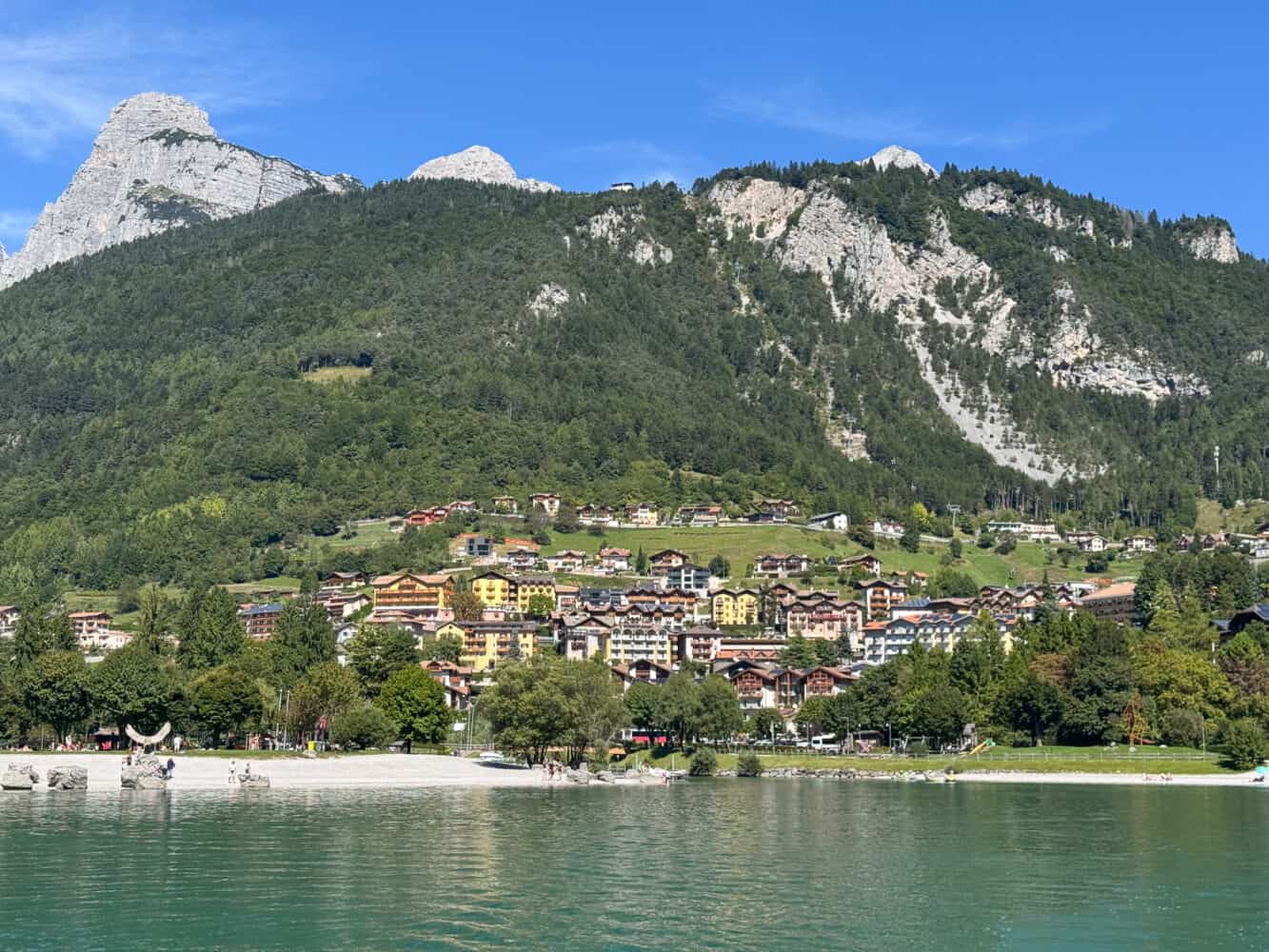 Molveno village on Lake Molveno, Italy.