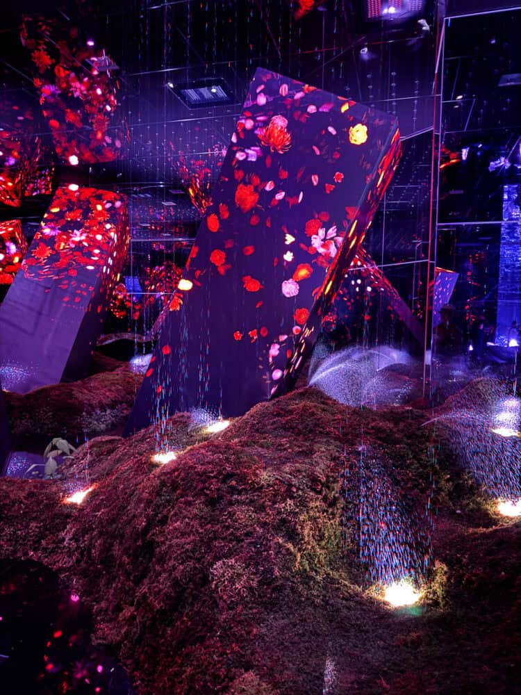 Rain in the Megaliths room at TeamLab Biovortex Kyoto.
