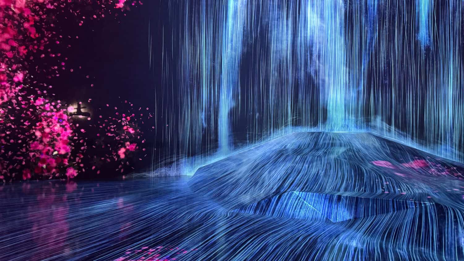 Teamlab Borderless Waterfall room or "Universe of Water Particles on a Rock where People Gather"