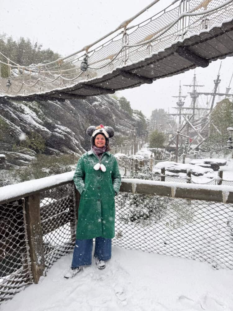 Erin on Adventure Isle in the snow at Disneyland Paris.