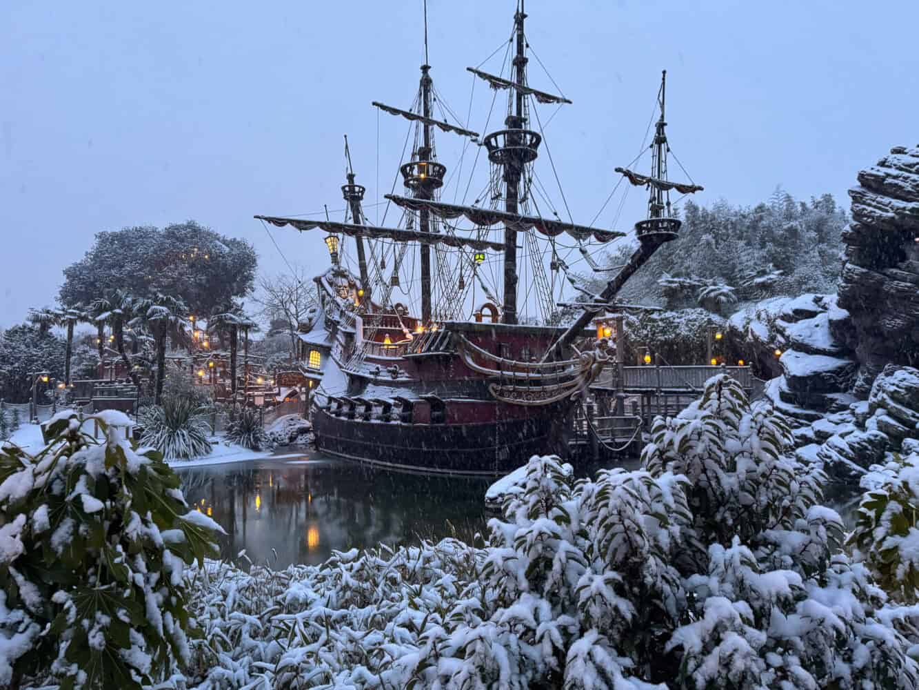 Pirate Galleon in snow at Disneyland Paris.