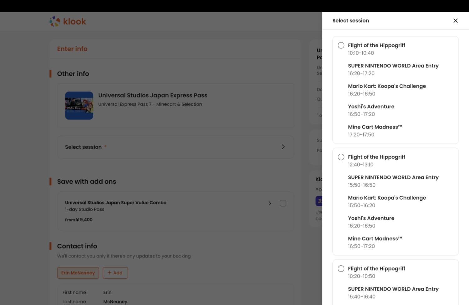 Choosing ride times for a Universal Studios Japan Express Pass on Klook.