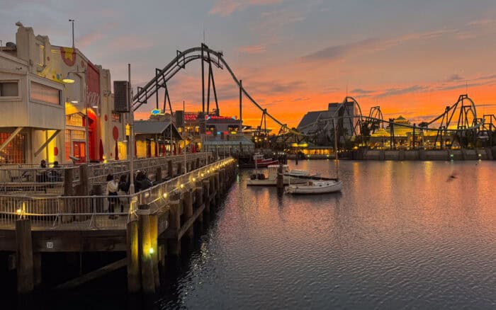 The waterfront at Universal Studios Japan at sunset.