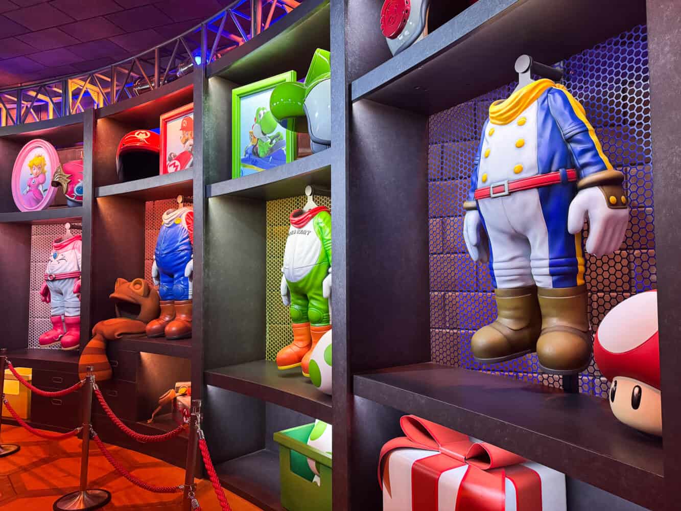 Costumes in the queue for Mario Kart at Universal Studios Japan. 