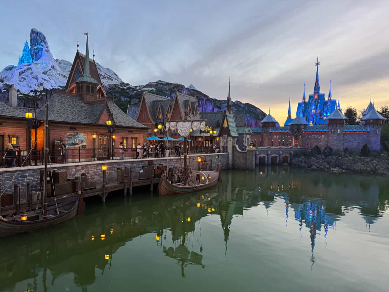 World of Frozen at sunset in Disney Adventure World, Paris.